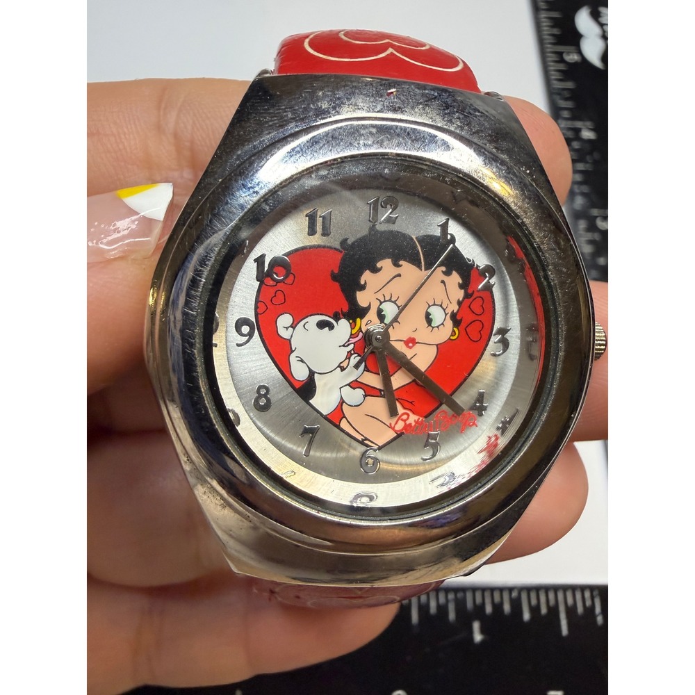 Betty Boop Heart Red Cuff Watch Silver Tone Japan Movt Character Timepiece